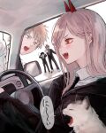  2boys 2girls :d :o black_hair blonde_hair car_interior cat chainsaw_man denji_(chainsaw_man) fangs formal from_side grey_cat hands_on_own_head higashiyama_kobeni highres horns meowing multiple_boys multiple_girls open_mouth outstretched_arm pink_hair plague_doctor_mask power_(chainsaw_man) red_eyes red_horns sharp_teeth smile speech_bubble steering_wheel suit teeth uzura_(piroro-foo) violence_devil_(chainsaw_man) white_background 