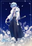  1boy blue_background blue_eyes blue_hair chest_tattoo copyright_name cup00nox flower full_body hair_over_one_eye hand_tattoo headband looking_at_viewer male_focus open_clothes open_shirt petals pixiv_fantasia pixiv_fantasia_age_of_starlight sheath sheathed shirt solo tattoo white_shirt 