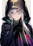  1boy asclepius_(fate) bangs black_jacket fate/grand_order fate_(series) green_eyes hair_between_eyes hood hooded_jacket jacket long_hair long_sleeves looking_at_viewer male_focus moru00f silver_hair sleeves_past_wrists solo upper_body very_long_hair 
