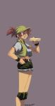  1girl belt breasts brown_belt crop_top cropped_jacket fio_germi food from_side glasses green_headwear green_shorts grey_background hand_on_hip hat highres holding holding_food looking_up medium_breasts metal_slug navel sandwich short_shorts shorts sleeveless sleeveless_jacket solo tied_hair werfmight 