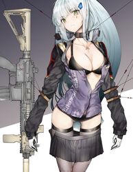  assault_rifle black_legwear bra breasts collar cross_hair_ornament ekuesu facial_mark german_flag girls_frontline gloves green_eyes gun h&amp;k_hk416 hair_ornament highres hk416_(girls_frontline) jacket long_hair military_jacket open_clothes rifle silver_hair skirt thigh-highs underwear weapon 