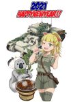  2021 animal_ears cow_ears food ground_vehicle hagi_midori hair_ribbon koala koala_forest_military_uniform leaf meat military military_vehicle motor_vehicle one_eye_closed ribbon tank 