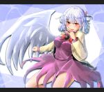  1girl blue_background bow bowtie braid brooch cardigan commentary_request cowboy_shot dress eyebrows_visible_through_hair french_braid highres jewelry kishin_sagume letterboxed long_sleeves looking_at_viewer oshiaki purple_dress red_eyes single_wing solo touhou white_hair white_wings wings 