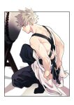  1boy alternate_costume apron artist_name bakugou_katsuki bangs bare_arms bare_shoulders black_pants blonde_hair boku_no_hero_academia border cai_(caiirocai) clothing_request from_side full_body highres looking_at_viewer male_focus pants red_eyes short_hair sideways_glance smile solo spiky_hair squatting toned white_border 