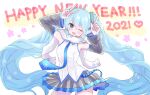 1girl 2021 ahoge bare_shoulders blue_neckwear cherry_blossoms commentary contrapposto cowboy_shot detached_sleeves earmuffs grey_skirt grey_sleeves hair_ornament hands_up happy_new_year hatsune_miku heart highres index_finger_raised katorea light_blue_eyes light_blue_hair long_hair looking_at_viewer miniskirt new_year open_mouth pleated_skirt scarf shirt skirt sleeveless sleeveless_shirt smile snowflake_print twintails v very_long_hair vocaloid white_background white_scarf white_shirt yuki_miku yuki_miku_(2011) 