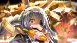  1girl animal_ears artist_name braid carrot cosplay eyepatch food highres hikosan holding holding_food hololive light_blue_hair majima_gorou majima_gorou_(cosplay) money open_mouth parody rabbit_ears red_eyes ryuu_ga_gotoku ryuu_ga_gotoku_0 tuxedo usada_pekora virtual_youtuber 