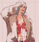  1boy bangs boku_no_hero_academia brown_coat coat collarbone commentary english_commentary fur-trimmed_coat fur_trim grey_background grey_hair hair_between_eyes hand_on_own_forehead hand_up hawaiian_shirt highres jimi_(jimieezy) long_sleeves medium_hair mole mole_under_mouth open_mouth pink_shirt red_eyes scar scar_across_eye shigaraki_tomura shirt simple_background solo teeth upper_body 