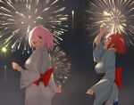  absurdres ass bow breasts fate/grand_order fate_(series) fireworks fujimaru_ritsuka_(female) hair_ornament highres japanese_clothes kimono large_breasts mash_kyrielight new_year pink_hair ponytail quatthro redhead short_hair sky smile violet_eyes 