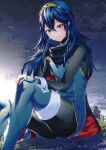  1girl ameno_(a_meno0) blue_eyes blue_hair blush boots cape clouds cuffs fingerless_gloves fire_emblem fire_emblem_awakening gloves grass hair_ornament highres long_hair looking_at_viewer lucina lucina_(fire_emblem) open_mouth sitting smile star_(sky) sunrise symbol-shaped_pupils thigh-highs thigh_boots tiara turtleneck very_long_hair 