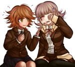  1boy 1girl bangs black_legwear black_ribbon black_skirt breasts brown_eyes brown_hair brown_jacket brown_skirt collared_shirt commentary dangan_ronpa:_trigger_happy_havoc dangan_ronpa_(series) dangan_ronpa_3_(anime) dress_shirt eyebrows_visible_through_hair feet_out_of_frame flipped_hair fujisaki_chihiro hair_ornament hairclip hand_on_another&#039;s_shoulder hands_on_own_face hood hood_down hope&#039;s_peak_academy_school_uniform jacket komatsuzaki_rui_(style) ktokei_(kurokku-tokei) long_sleeves medium_breasts medium_hair nanami_chiaki neck_ribbon official_alternate_costume official_style one_eye_closed open_clothes open_jacket open_mouth otoko_no_ko pink_eyes pleated_skirt red_ribbon ribbon saliva school_uniform seiza shirt simple_background sitting skirt thigh-highs white_background white_shirt yokozuwari 