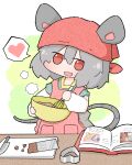  :d amakaeru animal_ears apron book chocolate green_background grey_hair hat heart highres nazrin open_mouth red_headwear smile speech_bubble tail touhou 
