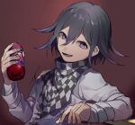  1boy :d bangs black_hair bottle brown_background checkered checkered_scarf commentary_request dangan_ronpa_(series) dangan_ronpa_v3:_killing_harmony fanta gradient gradient_background grey_jacket hair_between_eyes highres holding holding_bottle huyuharu0214 jacket long_sleeves looking_at_viewer lower_teeth male_focus open_mouth ouma_kokichi purple_hair scarf shiny shiny_hair short_hair signature smile solo straitjacket upper_body violet_eyes 