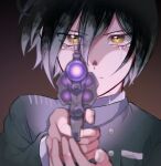  1boy bangs bbjj_927 black_background black_hair black_jacket brown_background brown_eyes commentary_request crying crying_with_eyes_open dangan_ronpa_(series) dangan_ronpa_v3:_killing_harmony face foreshortening glowing gradient gradient_background gun hair_between_eyes handgun hands_up holding holding_gun holding_weapon jacket long_sleeves looking_at_viewer male_focus revolver saihara_shuuichi serious short_hair solo tears weapon 