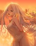  1girl arhat_(destiny_child) arms_behind_back bare_shoulders blurry blurry_background blush breasts destiny_child dress flowing_dress green_eyes highres long_hair looking_at_viewer open_mouth smile sunset very_long_hair white_dress white_eyelashes white_hair zig90 