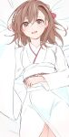  1girl blush brown_eyes brown_hair flower hair_flower hair_ornament hair_ribbon highres japanese_clothes kimono kiu_(dear_deer) lying misaka_mikoto open_mouth ribbon short_hair smile solo thigh_gap to_aru_kagaku_no_railgun to_aru_majutsu_no_index white_kimono 