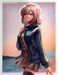  1girl arm_at_side backpack bag bangs beach black_jacket black_legwear black_shirt blurry blurry_background border brown_hair brown_skirt cat_bag commentary_request cowboy_shot dangan_ronpa_(series) dangan_ronpa_2:_goodbye_despair day dress_shirt eyebrows_visible_through_hair flipped_hair hair_ornament hairclip holding_strap hood hood_down hooded_jacket jacket long_sleeves looking_at_viewer medium_hair nanami_chiaki neck_ribbon open_clothes open_jacket outdoors pink_eyes pink_ribbon pleated_skirt ribbon shiny shiny_hair shirt sk816 skirt smile solo thigh-highs white_border white_shirt zettai_ryouiki 