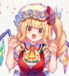  1girl ascot bangs blonde_hair blouse blush bow claw_pose cleavage_cutout clothing_cutout commentary crystal curly_hair embellished_costume flandre_scarlet frilled_hat frilled_neckwear frilled_shirt_collar frilled_sleeves frills hair_ribbon hand_up hat here_(hr_rz_ggg) highres juliet_sleeves long_sleeves looking_at_viewer medium_hair multicolored multicolored_ribbon nail_polish open_mouth ponytail puffy_sleeves raised_eyebrows red_eyes red_nails red_ribbon red_vest ribbon sash shirt side_ponytail sidelocks simple_background solo star_(symbol) symbol_commentary touhou vest white_background white_blouse white_bow white_sash white_shirt wings yellow_neckwear 