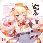 1girl ;d bangs blonde_hair blush braid breasts chinese_zodiac cow eyebrows_visible_through_hair flower gradient_hair green_eyes hair_between_eyes hair_flower hair_ornament hair_rings hat heart hololive long_hair looking_at_viewer momoshiki_tsubaki momosuzu_nene multicolored_hair new_year one_eye_closed open_mouth smile solo star_(symbol) star_hair_ornament translation_request virtual_youtuber year_of_the_ox 