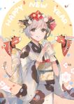  1girl absurdres animal_ears blush bob_cut bow brown_eyes cow cow_ears cow_girl ear_piercing eyebrows_visible_through_hair gloves hair_between_eyes hair_bow hair_ornament hair_ribbon happy_new_year highres horns japanese_clothes kimono looking_at_viewer milk mochitsuki_usa multicolored_hair new_year original piercing ribbon short_hair sidelocks solo standing tail tongue tongue_out white_gloves 