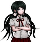  1girl bangs bear_hair_ornament black_hair black_nails blue_eyes closed_mouth commentary crossed_arms dangan_ronpa:_trigger_happy_havoc dangan_ronpa_(series) dress_shirt english_commentary hair_ornament hand_tattoo ikusaba_mukuro jewelry kurokku-tokei long_hair looking_at_viewer low_twintails neck_ribbon official_style pleated_skirt red_ribbon red_skirt ribbon shirt short_sleeves simple_background skirt solo swept_bangs twintails upper_body white_background white_shirt 