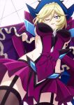 1girl black_legwear blonde_hair blue_eyes breasts carol_malus_dienheim elbow_gloves garter_straps gloves highres large_breasts looking_at_viewer looking_down miona_yui mole mole_under_eye older one_eye_closed open_mouth purple_gloves senki_zesshou_symphogear shiny shiny_hair shiny_skin short_hair side_cutout sideless_outfit skirt smile solo standing thigh-highs 