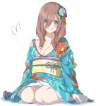  1girl bangs bare_legs blue_eyes blush breasts brown_hair closed_mouth eyebrows_visible_through_hair flower go-toubun_no_hanayome hair_between_eyes hair_flower hair_ornament highres japanese_clothes kimono large_breasts long_hair long_sleeves looking_at_viewer mitsugu nakano_miku sitting smile solo wariza 