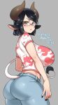  1girl 2021 agawa_ryou animal_ears ass black_hair breasts commentary cow_ears cow_girl cow_horns cow_tail dated earrings from_behind glasses grey_background heart heart_print horns huge_breasts jewelry looking_at_viewer looking_back nail_polish original print_shirt shirt simple_background solo tail 