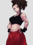  1girl biceps black_hair black_sports_bra breasts dragon_ball dragon_ball_super hands_on_hips kale_(dragon_ball) kemachiku long_hair medium_breasts midriff muscular muscular_female pants red_pants saiyan single_hair_intake solo spiky_hair sports_bra 