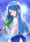  1girl bangs blue_bow blue_hair blue_sky blunt_bangs blush bouquet bow commentary_request dress eyebrows_visible_through_hair fish_earrings flower holding holding_bouquet jacket live_union long_hair looking_at_viewer ocean sidelocks sky smile sunlight toto_setono_(live_union) uruha_(yw1109) virtual_youtuber vocaloid vsinger white_dress white_jacket yellow_eyes 