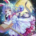  1girl :d animal_ears arm_rest bangs black_gloves bloomers blue_dress blue_hair blurry blush bokeh collarbone crescent_print depth_of_field dress eyebrows_visible_through_hair feet_out_of_frame full_moon gloves hair_ribbon here_(hr_rz_ggg) highres kine layered_dress long_hair looking_at_viewer mallet mochi moon open_mouth purple_ribbon rabbit_ears red_eyes revision ribbon seiran_(touhou) smile solo sparkle star_(symbol) star_print striped striped_ribbon touhou underwear upper_teeth wide_sleeves 