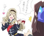  &gt;_&lt; 2girls :d bangs blonde_hair blush bow brown_hair closed_eyes commentary_request curly_hair eyebrows_visible_through_hair hair_bow hair_ornament hair_ribbon hairband jacket long_hair multiple_girls open_mouth pleated_skirt ribbon saijou_claudine shoujo_kageki_revue_starlight skirt smile tendou_maya translation_request umanosuke 