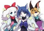  3girls :3 animal_ears aqua_eyes bangs belt blue_bodysuit blue_eyes blue_hair blue_pants blue_shirt bodysuit bow cat_ears cat_girl circlet cleavage_cutout clenched_hand clothing_cutout collarbone commentary_request crystal dog_ears dog_girl dog_tail eyebrows_visible_through_hair fay_spaniel fox_ears fox_girl furry gloves hair_bow hair_tubes hand_on_another&#039;s_shoulder hands_up happy high_collar jacket jewelry krystal leaning_forward locked_arms long_sleeves looking_at_viewer miyu_lynx multicolored_shirt multiple_girls namagaki_yukina one_eye_closed open_clothes open_jacket open_mouth pants pink_gloves purple_shirt red_bow sapphire_(gemstone) shiny shiny_hair shirt short_hair simple_background single_earring smile standing star_fox tail two-tone_background upper_body white_background white_jacket 