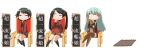  0_0 3girls aqua_hair bangs black_hair black_legwear bow bowtie brown_legwear brown_sailor_collar brown_serafuku brown_shorts brown_skirt cardigan chair chibi closed_eyes commentary_request full_body hair_ornament hairclip highres kantai_collection kneehighs long_hair long_sleeves mikuma_(kantai_collection) mogami_(kantai_collection) multiple_girls nanakusa_nazuna orange_neckwear pleated_skirt remodel_(kantai_collection) sailor_collar school_uniform serafuku short_hair shorts simple_background sitting skirt smile suzuya_(kantai_collection) swept_bangs thigh-highs translation_request twintails v_arms white_background 