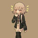  1girl artist_name backpack bag bangs black_jacket black_legwear black_shirt blush brown_background commentary dangan_ronpa_(series) dangan_ronpa_2:_goodbye_despair dress_shirt english_commentary feet_out_of_frame finger_to_own_chin hair_ornament hairclip highres hood hood_down hooded_jacket jacket legs_together light_brown_hair long_sleeves mark_(daiihai) nanami_chiaki neck_ribbon open_clothes open_jacket pink_eyes pink_ribbon pleated_skirt ribbon shirt shirt_tucked_in simple_background skirt solo spaceship_hair_ornament standing thigh-highs two-tone_shirt white_shirt zettai_ryouiki 