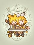  1boy 1girl :3 anniversary antennae arm_up arm_warmers bangs bass_clef birthday_cake black_collar black_shorts black_sleeves blonde_hair bouquet bow cake chibi collar commentary confetti eighth_note emphasis_lines flower food hair_bow hair_ornament hairclip instrument kagamine_len kagamine_rin keyboard_(instrument) leg_warmers looking_at_viewer music musical_note neckerchief necktie open_mouth outstretched_arm party_popper playing_instrument pylori_kin_no_uta_(vocaloid) sailor_collar sangatsu_youka school_uniform shirt short_hair short_ponytail short_shorts short_sleeves shorts sleeveless sleeveless_shirt smile solid_oval_eyes spiky_hair string_of_flags swept_bangs treble_clef vocaloid white_bow white_shirt yellow_neckwear 