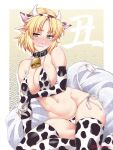  1girl animal_ears animal_print bell bell_collar bikini black_collar blonde_hair blush breasts clenched_teeth collar cow_ears cow_horns cow_print cow_tail eyebrows_visible_through_hair fake_animal_ears fake_horns green_eyes highres horns large_breasts mizuhashi_parsee navel nose_blush ootsuki_wataru pointy_ears short_hair side-tie_bikini sitting solo sweatdrop swimsuit tail teeth thigh-highs touhou wavy_mouth 