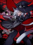  122pxsheol 1girl :d absurdres animal_ears arknights ass black_gloves book boots chain fang gloves hat haze_(arknights) highres looking_at_viewer open_mouth orange_eyes red_legwear silver_hair slit_pupils smile solo tail teeth thigh-highs thigh_boots witch_hat 