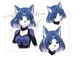  1girl :3 ^^^ animal_ears aqua_eyes bangs blue_bodysuit blue_hair bodysuit breasts circlet cleavage_cutout closed_mouth clothing_cutout collarbone commentary_request cropped_torso crystal emerald_(gemstone) expressions eyebrows_visible_through_hair face fox_ears fox_girl furry hair_tubes half-closed_eyes happy krystal long_sleeves looking_at_viewer medium_breasts multicolored_hair multiple_views namagaki_yukina open_mouth shiny shiny_hair short_hair simple_background smile star_fox streaked_hair surprised sweat two-tone_background two-tone_hair v-shaped_eyebrows white_background white_hair wide-eyed 
