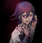  1boy :d bangs black_background checkered checkered_scarf commentary_request crazy_eyes dangan_ronpa_(series) dangan_ronpa_v3:_killing_harmony flipped_hair gradient gradient_background hair_between_eyes hands_up highres huyuharu0214 jacket long_sleeves looking_at_viewer male_focus open_mouth ouma_kokichi pink_eyes purple_hair scarf shirt signature smile solo straitjacket sweat upper_body white_jacket 