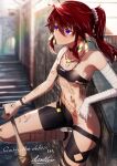  1girl bandaged_arm bandages bangs bare_shoulders bat brown_hair choker cluseller covered_nipples earrings flat_chest jewelry long_hair navel necklace original pointy_ears ponytail revealing_clothes solo tattoo violet_eyes 