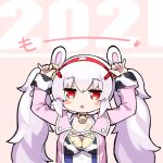  1girl 2021 animal_ears animal_print azur_lane bangs bell bell_choker bikini bikini_top bird blush_stickers breast_padding camisole chick choker commentary cow_print english_commentary eyebrows_visible_through_hair fake_animal_ears hairband horns_pose jacket kaede_(yumesaki_kaede) laffey_(azur_lane) long_sleeves manjuu_(azur_lane) open_clothes open_jacket open_mouth pink_jacket rabbit_ears red_eyes red_hairband solo swimsuit twintails upper_body white_camisole white_hair 