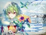  1girl bangs character_name cherry_blossoms floating_hair flower frilled_neckwear fur_trim hair_between_eyes here_(hr_rz_ggg) highres holding holding_flower kazami_yuuka lace looking_at_viewer parted_lips red_eyes scenery short_hair snow snow_on_head solo sunflower touhou tree_branch upper_body wind winter winter_clothes 