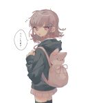  1girl :o backpack bag bangs black_jacket blunt_bangs brown_hair cat_bag commentary_request dangan_ronpa_(series) dangan_ronpa_2:_goodbye_despair flipped_hair from_side hair_ornament hairclip highres hood hood_down hooded_jacket jacket looking_at_viewer looking_to_the_side medium_hair messy_hair nanami_chiaki pink_bag pink_eyes pink_ribbon pleated_skirt ribbon simple_background skirt solo speech_bubble tami_tome_mo thigh-highs translation_request white_background zettai_ryouiki 