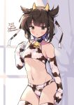 1girl alternate_costume animal_ears animal_print artist_name bikini breasts brown_hair commentary_request cow_ears cow_horns cow_print cowboy_shot dated elbow_gloves fake_animal_ears fake_horns gloves hair_flaps hatsuzuki_(kantai_collection) horns kantai_collection odawara_hakone short_hair small_breasts solo swimsuit thigh-highs under_boob white_bikini white_gloves white_legwear window yellow_eyes 