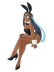  1girl absurdres animal_ears asimatosinosin black_footwear black_hair black_leotard blue_eyes blue_hair bow bowtie bunny_tail crossed_legs dark_skin dark-skinned_female detached_collar earrings fake_animal_ears fake_tail hand_on_own_leg high_heels highres hoop_earrings invisible_chair jewelry leaning_forward leotard long_hair multicolored_hair nessa_(pokemon) playboy_bunny pokemon pokemon_(game) pokemon_swsh rabbit_ears simple_background sitting solo strapless strapless_leotard tail two-tone_hair white_background wrist_cuffs 