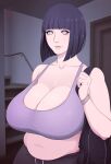  1girl arm_up bag belly black_pants boruto:_naruto_next_generations breasts byakugan highres huge_breasts hyuuga_hinata lips lunasanguinis mature naruto_(series) navel pants plump purple_tank_top short_hair stairs string tank_top white_eyes yoga_pants 