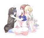  3girls =_= absurdres animal_hood barefoot bikini blonde_hair blue_bikini blue_hair brown_hair cat_hood chair character_request cup drink drinking from_side girl_sandwich highres hood idolmaster idolmaster_cinderella_girls lounge_chair multiple_girls navel open_mouth profile red_eyes romi_(346_ura) sajou_yukimi sandwiched sitting sleeping sleeping_on_person squatting swimsuit yusa_kozue 