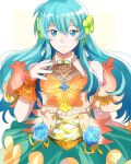  1girl alternate_costume aqua_hair bangs bare_shoulders blue_eyes closed_mouth dress earrings eirika_(fire_emblem) fire_emblem fire_emblem:_the_sacred_stones fire_emblem_heroes flower hair_between_eyes hair_flower hair_ornament hand_up jewelry long_hair looking_at_viewer official_alternate_costume rem_sora410 simple_background smile solo wrist_cuffs 