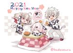  1boy 2021 2girls :d ahoge animal_ears animal_print arms_up bangs basket black_footwear blush boots checkered checkered_background chinese_zodiac collared_shirt commentary_request cow_ears cow_hood cow_horns cow_print cow_tail demon_wings ear_piercing earrings eyebrows_visible_through_hair fake_animal_ears fake_horns fang food fruit grey_hair grey_pants hair_between_eyes hair_ribbon hairband happy_new_year heart heart_tail high_heel_boots high_heels highres holding holding_food hood hood_down hoodie horns horns_pose jewelry kadose_ara kotatsu kuzuha_(nijisanji) long_hair low_ponytail makaino_ririmu mandarin_orange multiple_girls new_year nijisanji open_mouth pants piercing pink_hair pointy_ears ponytail print_hoodie print_shirt print_skirt red_eyes red_footwear red_ribbon red_wings ribbon shiina_yuika shirt skirt slippers smile standing striped striped_legwear table tail thigh-highs thighhighs_under_boots twintails twitter_username v-shaped_eyebrows very_long_hair virtual_youtuber white_hairband white_hoodie wings year_of_the_ox 