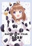  1girl 2021 :d ahoge animal_ears animal_print bangs bell bell_choker black_choker blush breasts brown_hair chinese_zodiac choker collarbone commentary_request cow_ears cow_horns cow_print cow_tail drawstring eyebrows_visible_through_hair fake_animal_ears fake_horns hands_up happy_new_year hood hood_up hoodie horns long_sleeves looking_at_viewer massala new_year open_mouth original pennant print_hoodie puffy_long_sleeves puffy_sleeves sleeves_past_wrists small_breasts smile solo string_of_flags tail upper_body violet_eyes white_hoodie year_of_the_ox 